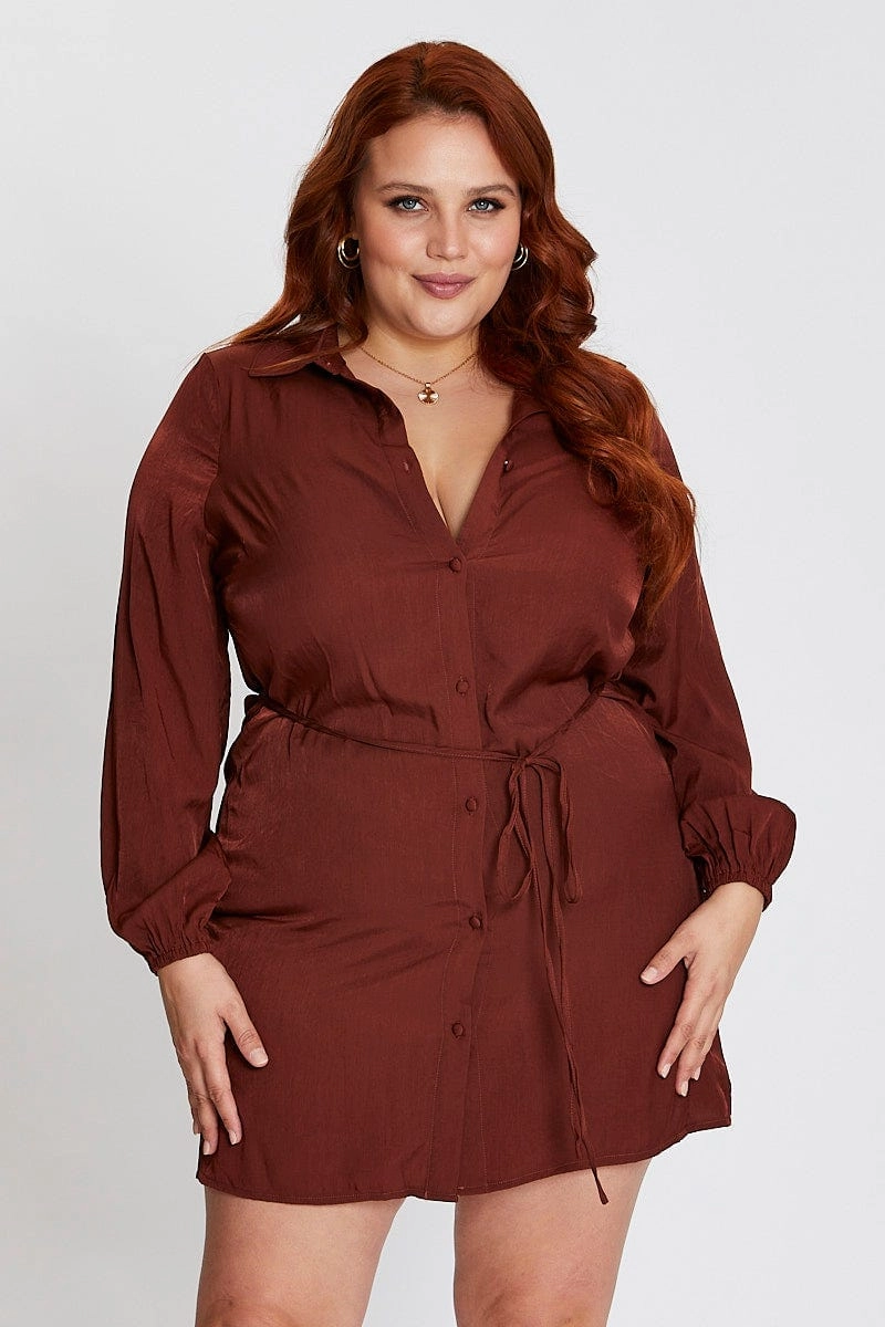 Texture Edge Brown Long Sleeve Tie Waist Shirtdress