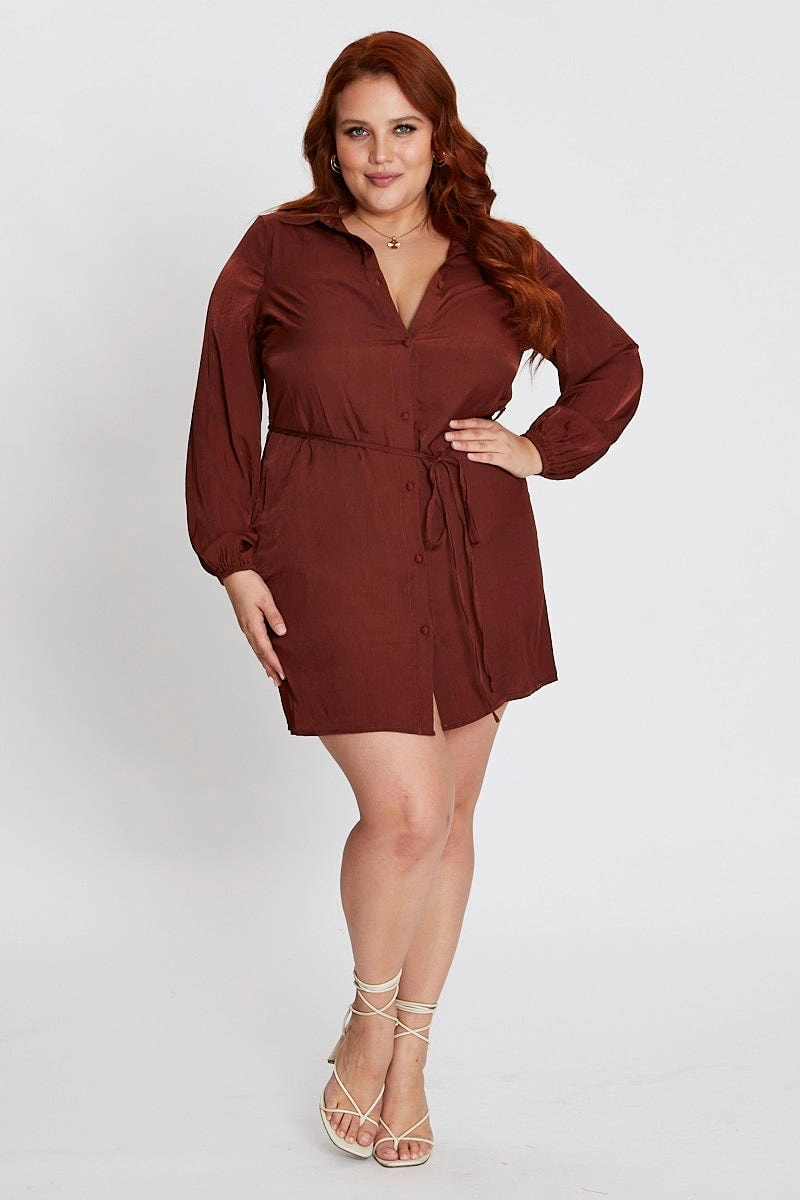 Brown Long Sleeve Tie Waist Shirtdress Soft Appearance