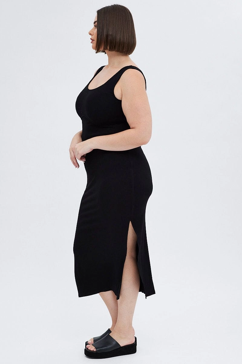 Black Bodycon Dress Rib Jersey Sleeveless Midi Versatile party outfit FlatlockSeam