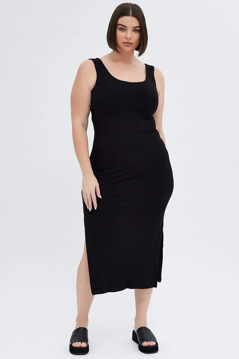Black Bodycon Dress Rib Jersey Sleeveless Midi Warm Season Pretty Glow