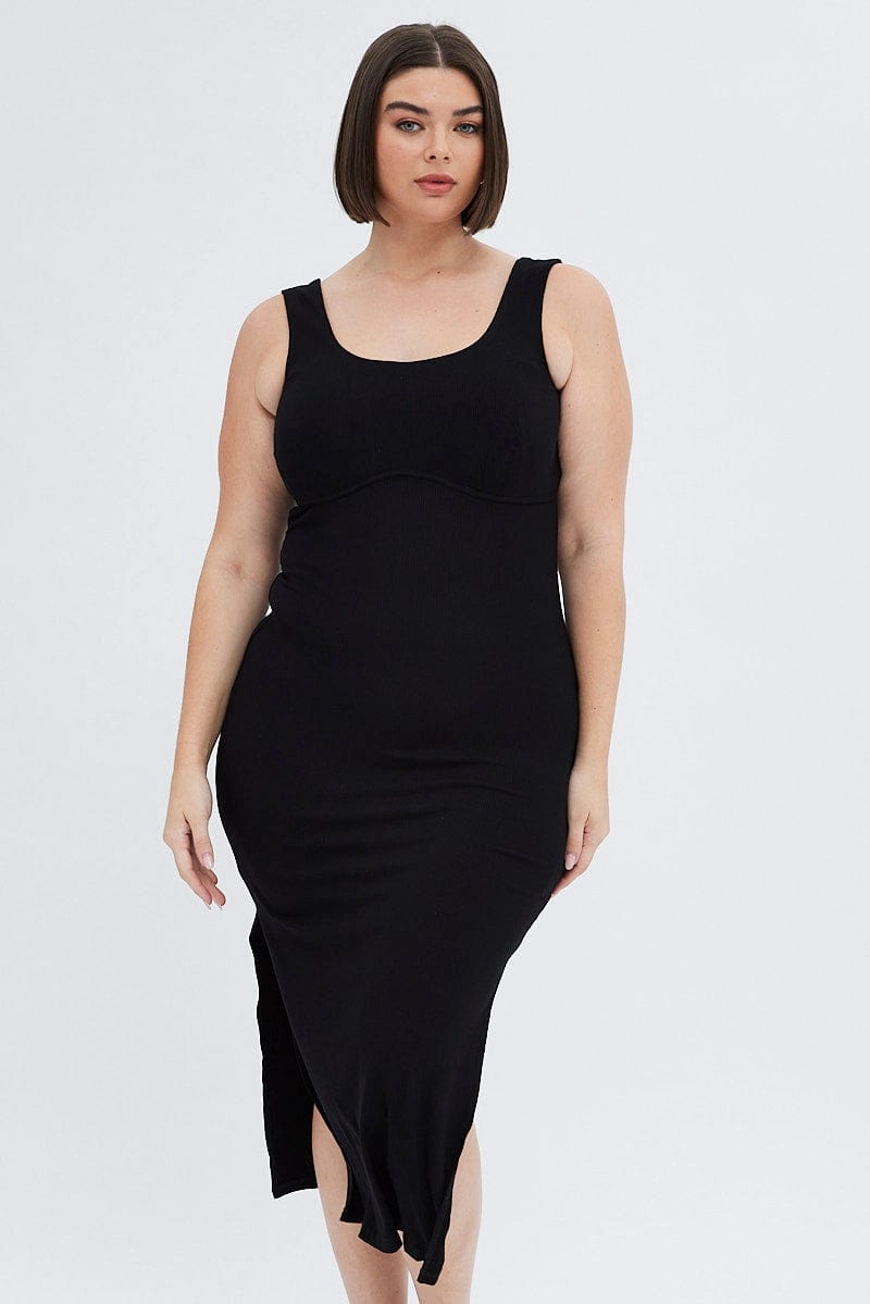 Black Bodycon Dress Rib Jersey Sleeveless Midi Fresh Tones