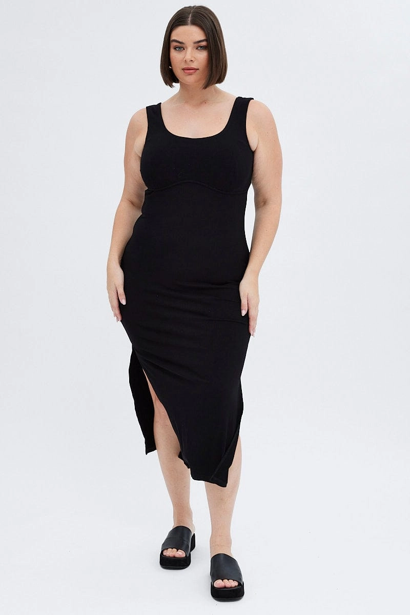 Nordic Calm Black Bodycon Dress Rib Jersey Sleeveless Midi