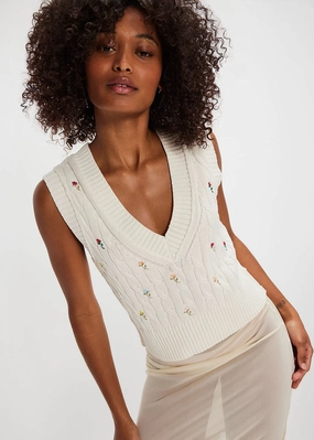 Plumeria Floral Sweater Vest - Ivory Combo Relaxed Silhouette Winter Styling