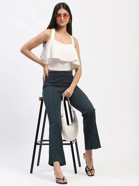 Madame Single Pleated Green Flared Trousers Daily Style