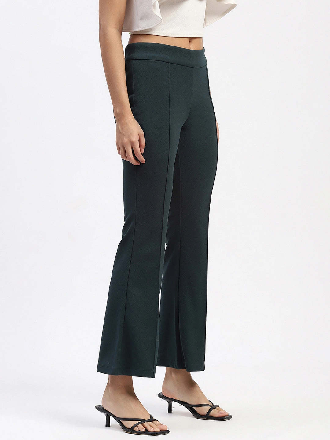Madame Single Pleated Green Flared Trousers Quick Drying