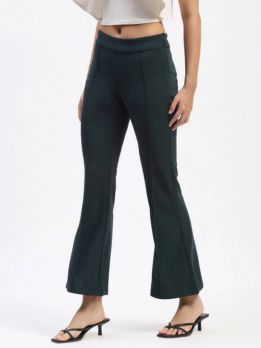 Madame Single Pleated Green Flared Trousers wrinkle free