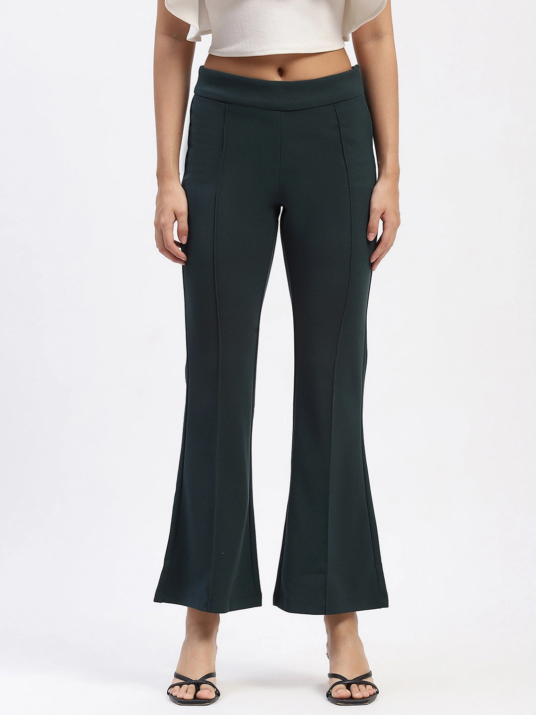 Madame Single Pleated Green Flared Trousers Work Friendly
