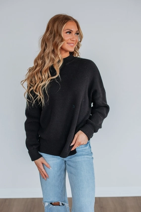 Ergonomic Sleeve Shape Chelsea Mock Neck Sweater - Black