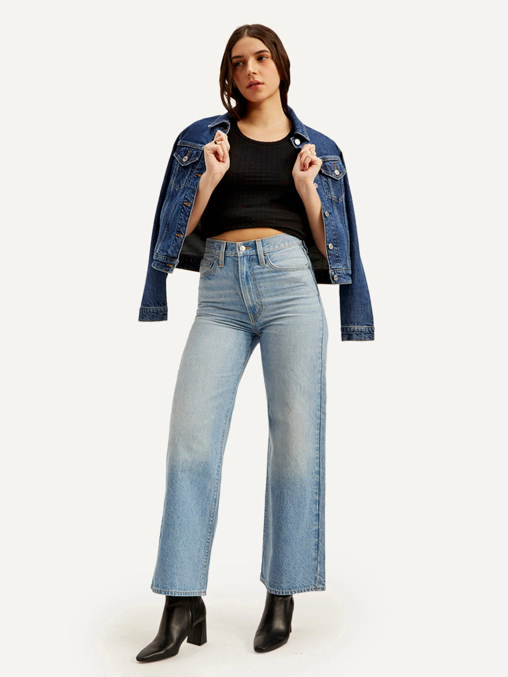 Women's Light Blue Ribcage Bell Bottom Wide Leg Fit High Rise Jeans Soft Road Trip Youth Style