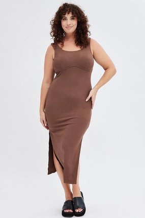 Brown Bodycon Dress Rib Jersey Sleeveless Midi Summer Wardrobe Nature Inspired