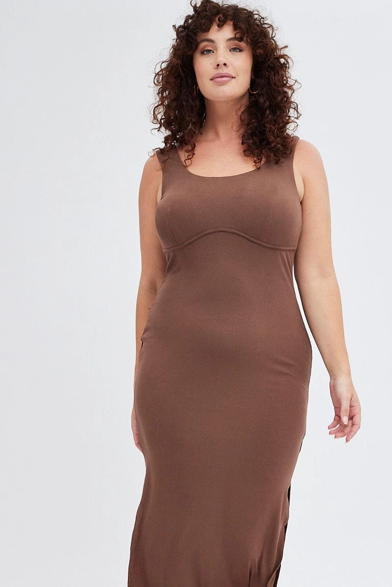 Brown Bodycon Dress Rib Jersey Sleeveless Midi Perfect Length Chain-Detail