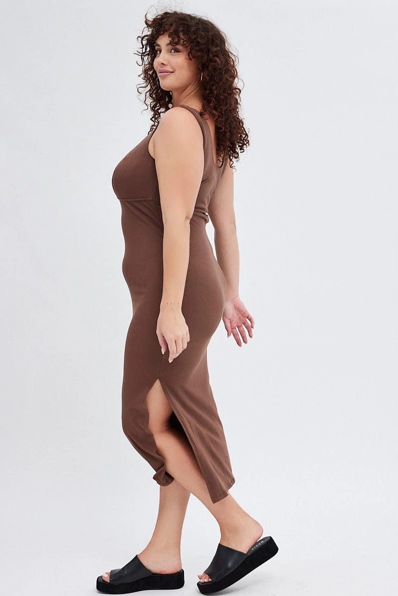 Subtle Drape Subtle-Print Brown Bodycon Dress Rib Jersey Sleeveless Midi