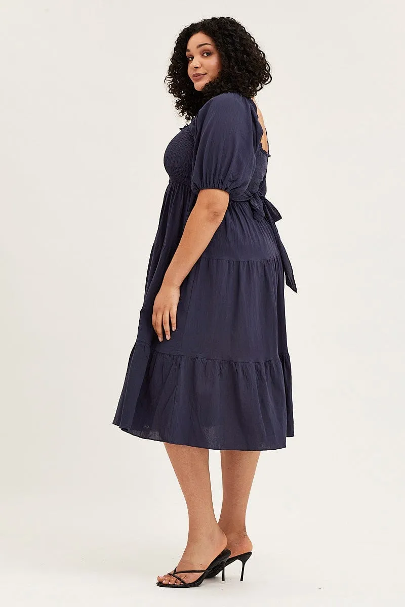 Blue Midi Dress Off Shoulder Short Sleeve Cozy Vibes