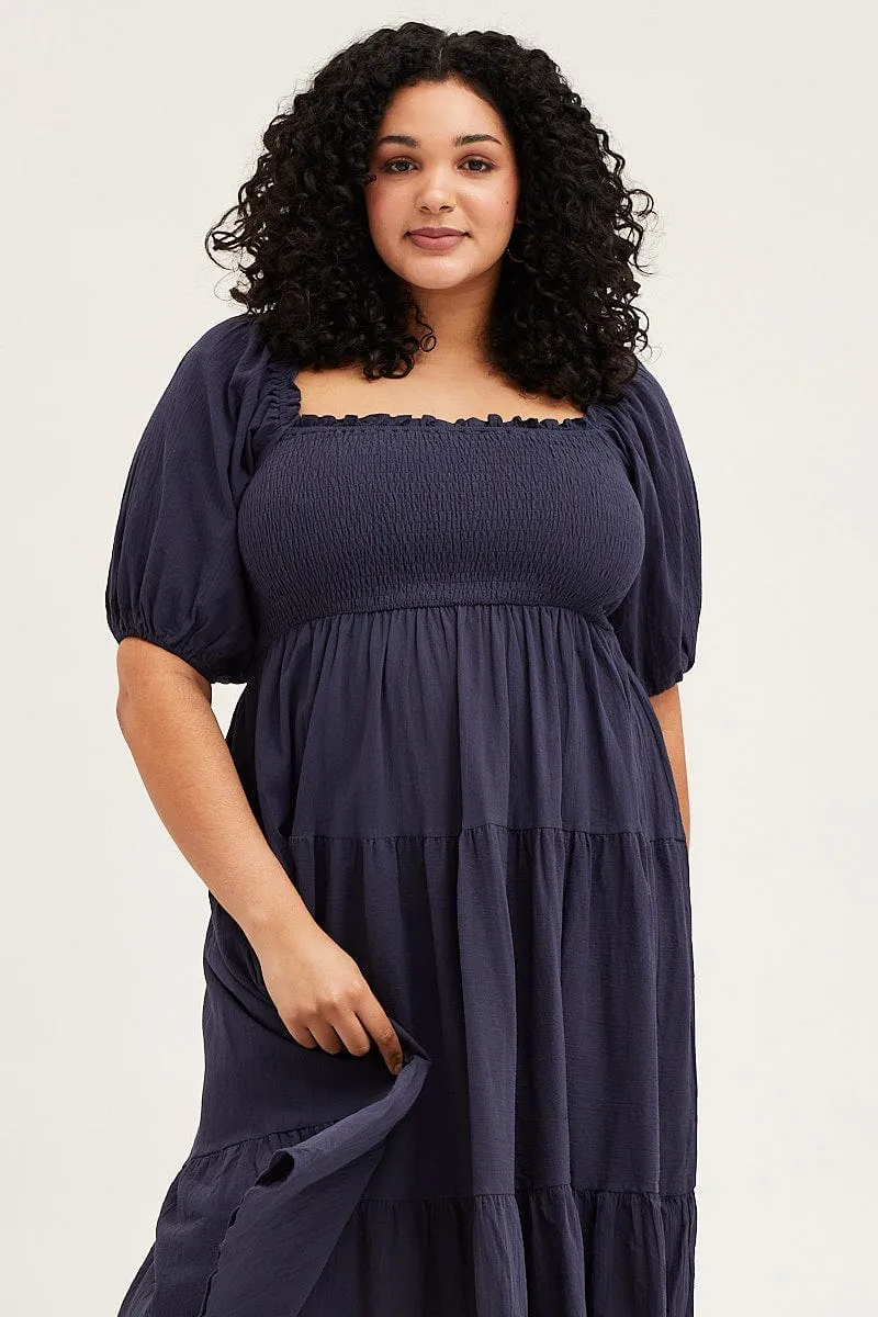 All Fit Style Blue Midi Dress Off Shoulder Short Sleeve