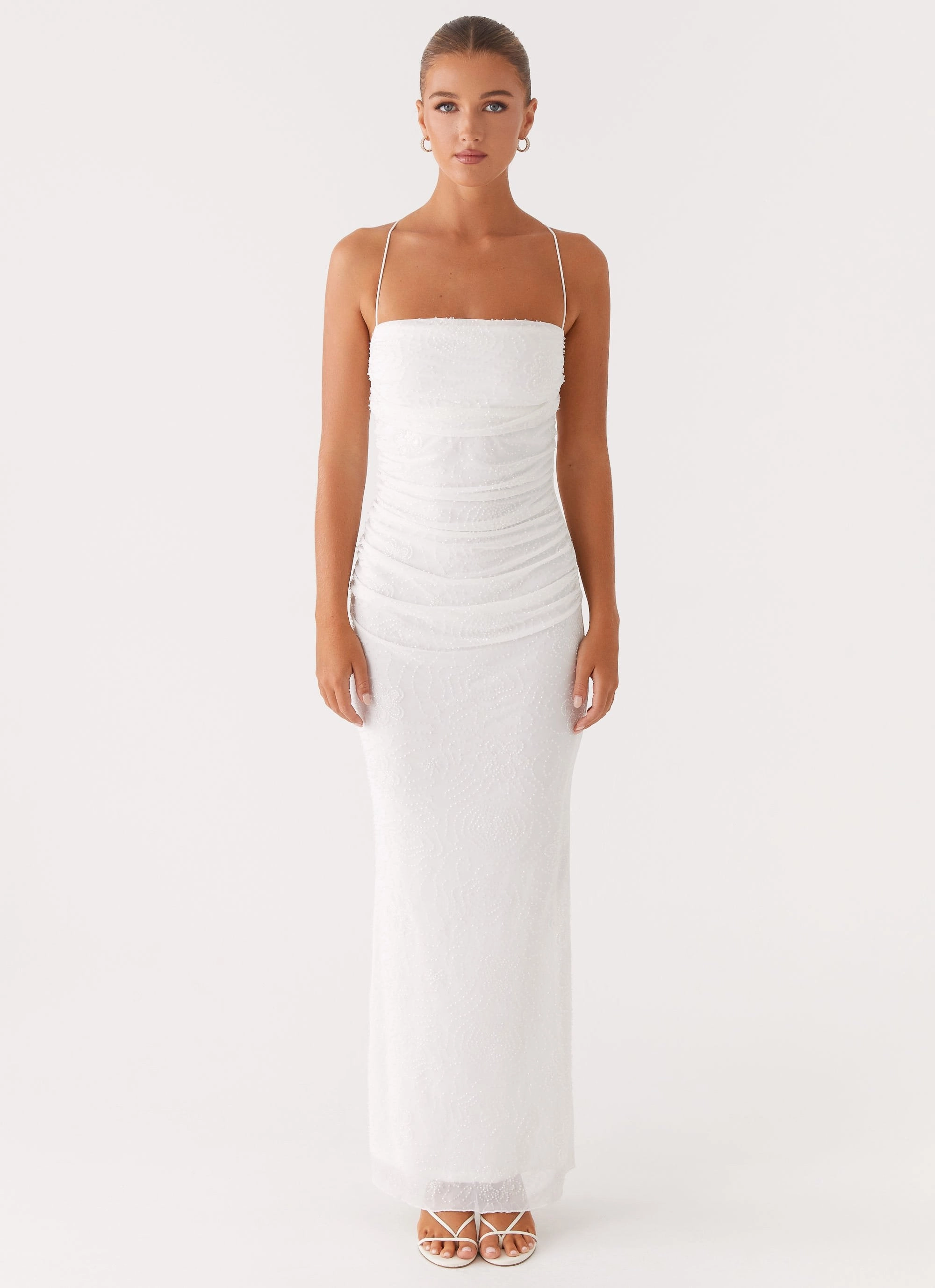 Breathable wear ElasticWaistband Paxton Beaded Maxi Dress - White