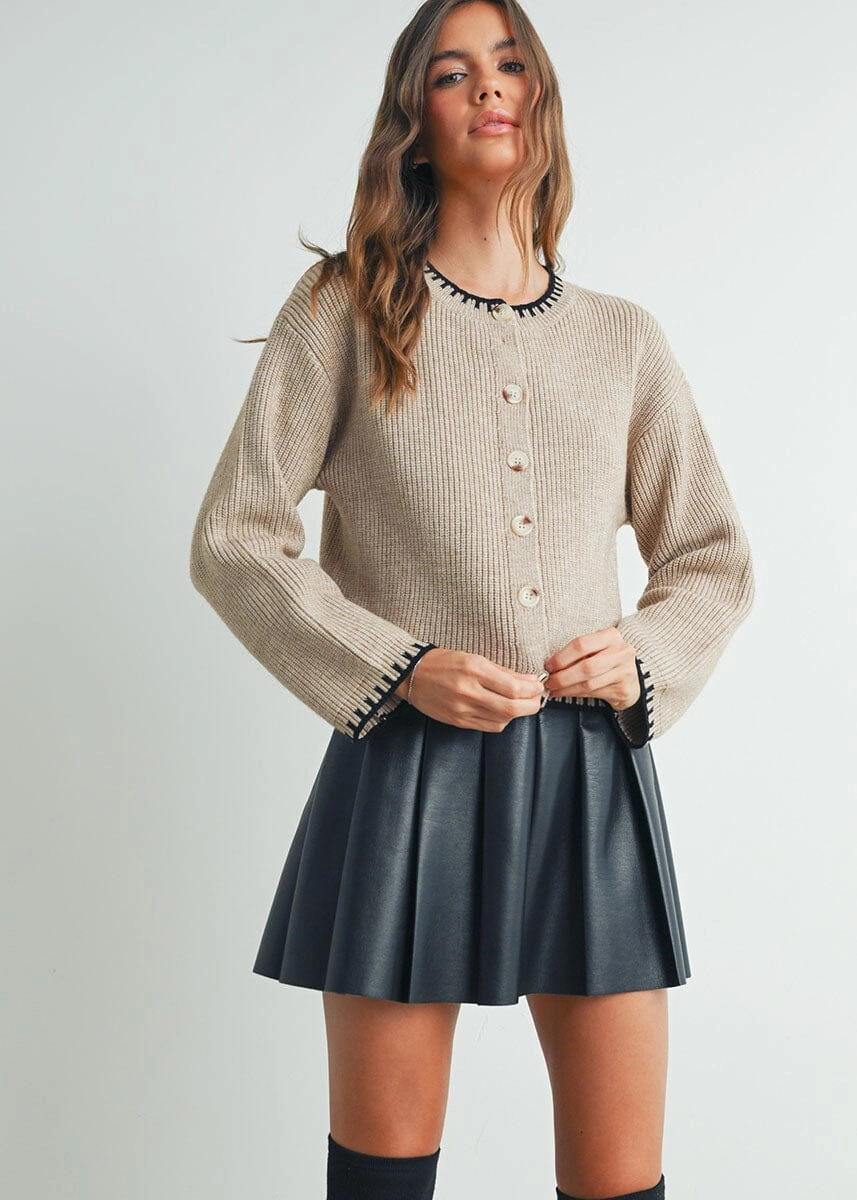 Cordelia Contrast Edge Cardigan - Taupe Black Effortless Comfort Fit Comfy Warmth
