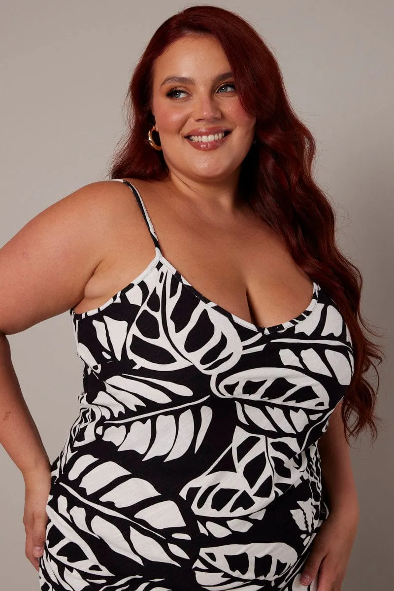 Black Abstract Midi Slip Dress Linen Blend Calm Silhouette Halter-Neck