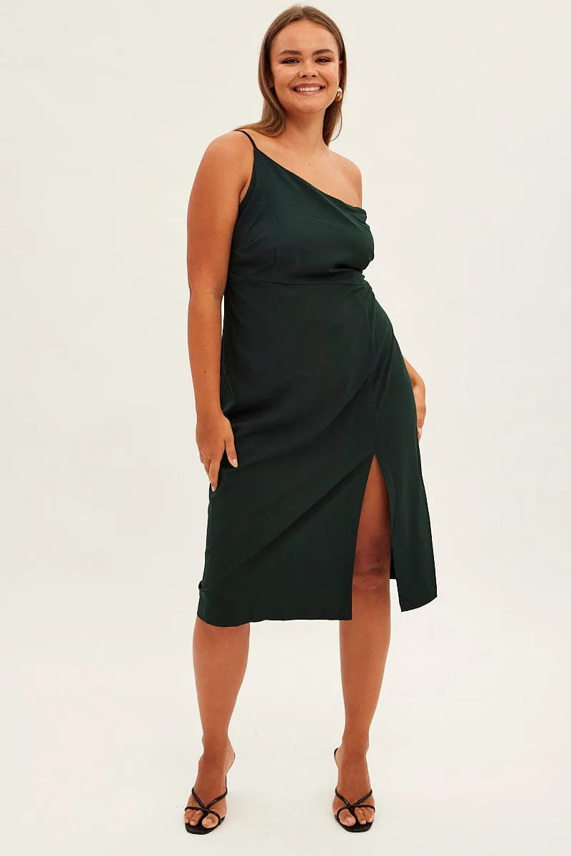 Floating Shape Beaded-Edge Green Midi Dress Asymmetrical Shoulder
