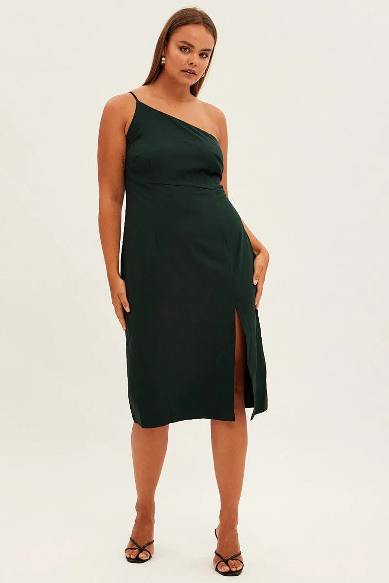 Pure Fit Vibrant Waist Green Midi Dress Asymmetrical Shoulder