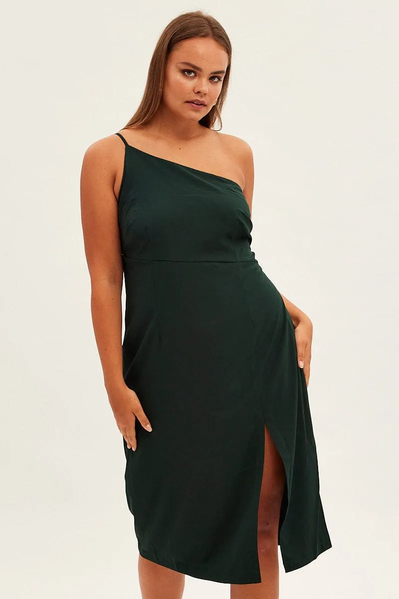 Versatile and Comfortable Artisanal-Detail Green Midi Dress Asymmetrical Shoulder