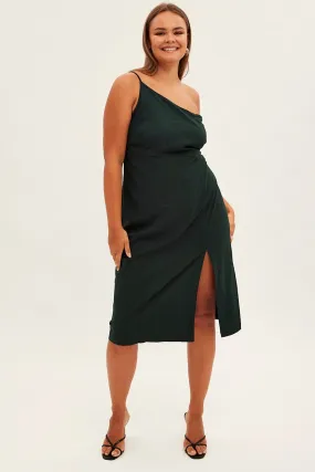 Floating Shape Beaded-Edge Green Midi Dress Asymmetrical Shoulder