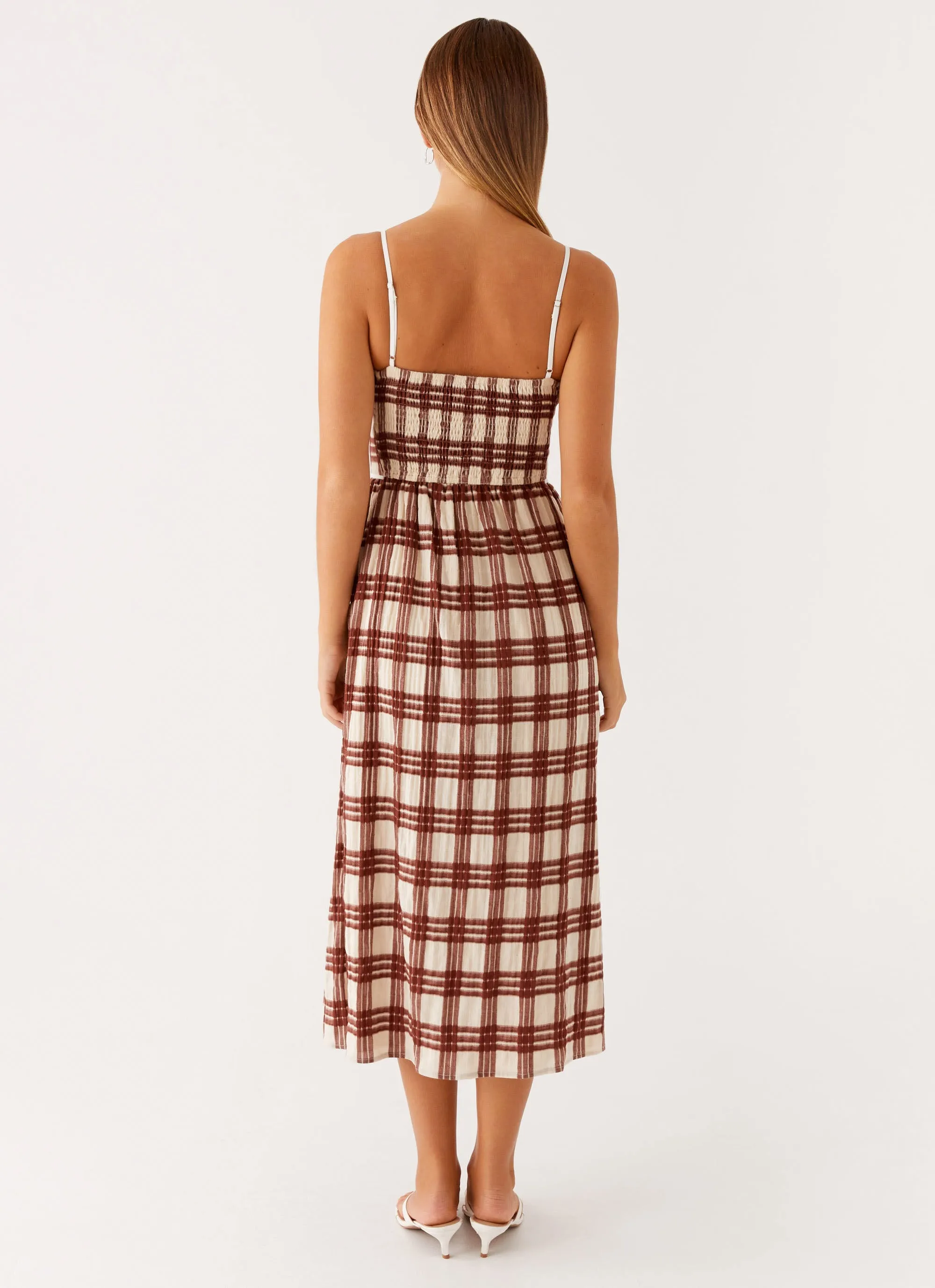 Jewel Accent Silky Form Shyanne Midi Dress - Chocolate Check