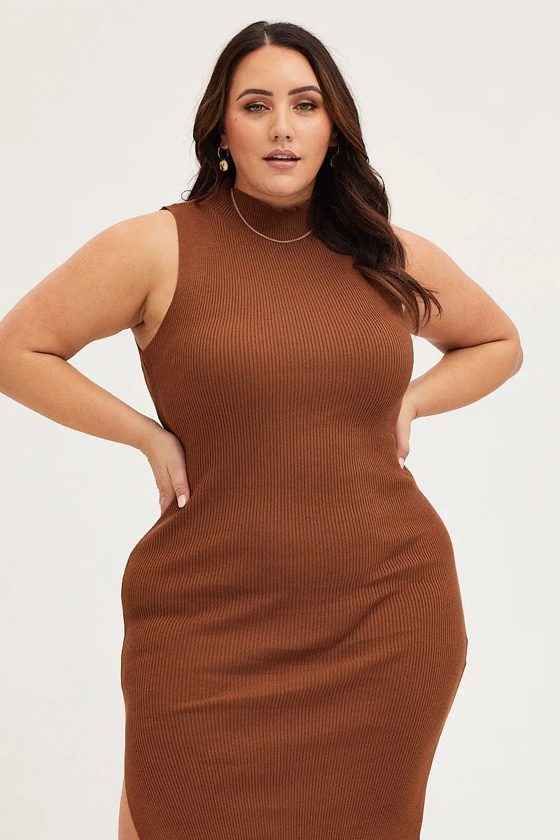 Gentle Fit Modern Appearance Brown Bodycon Dress Round Neck Sleeveless