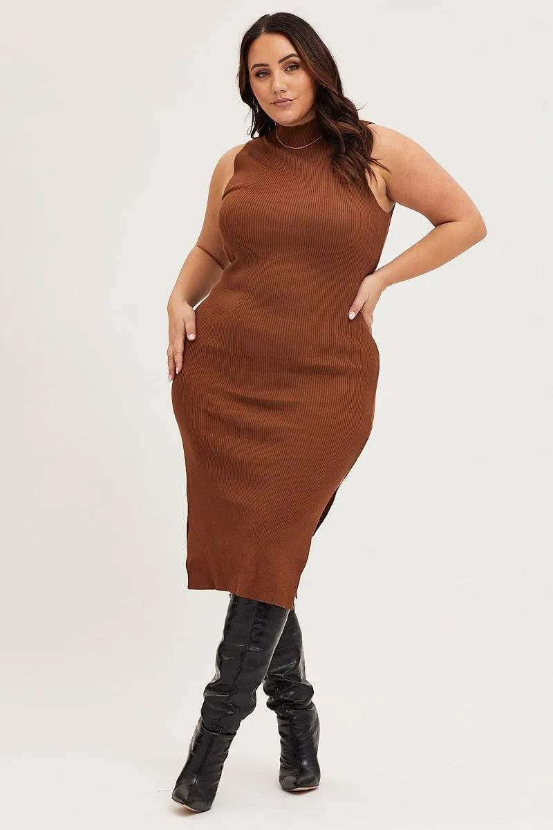 SmoothEdgeFinish Brown Bodycon Dress Round Neck Sleeveless