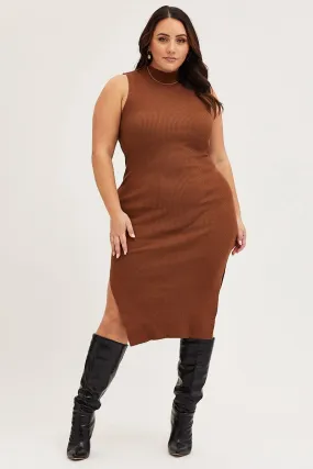 Comfortable Shape Brown Bodycon Dress Round Neck Sleeveless