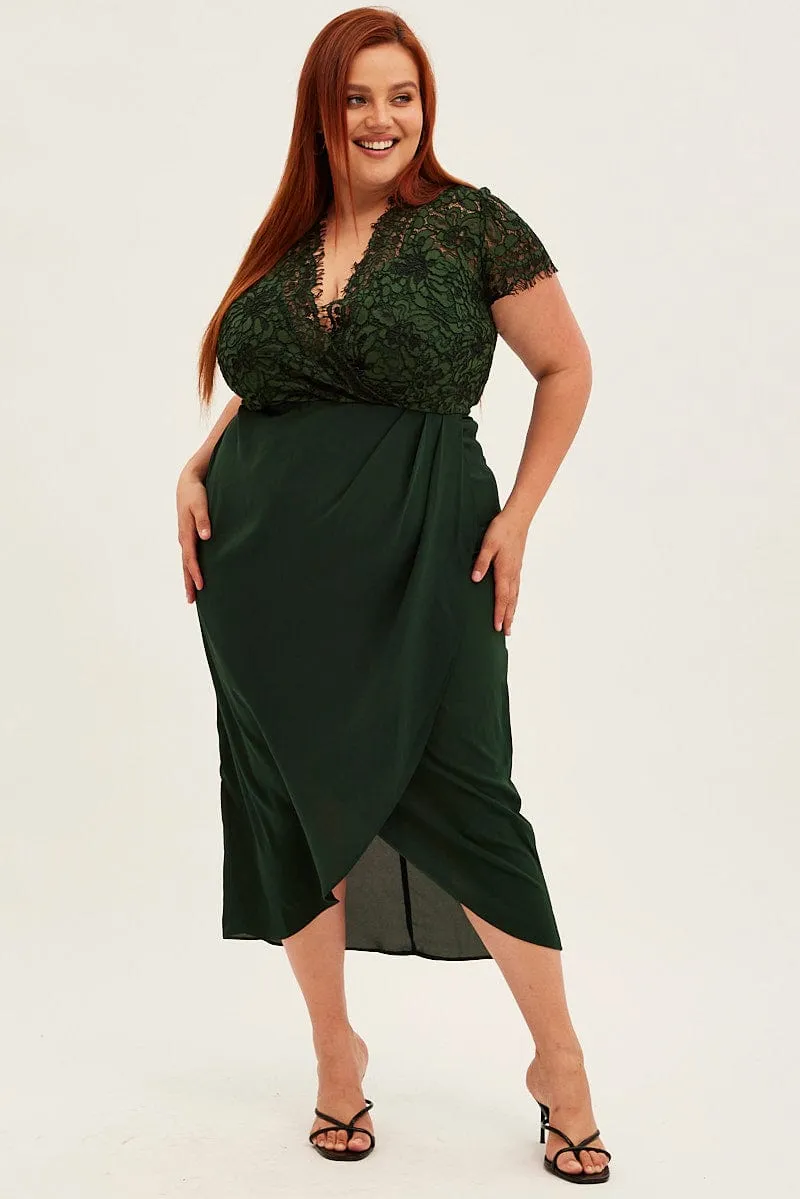 Green Midi Dress Short Sleeve Lace Top Textured Layers
