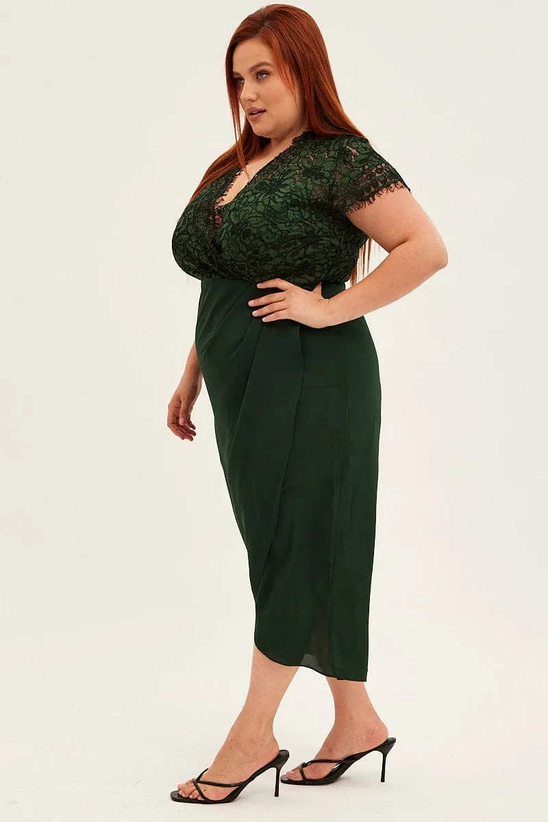 Versatile and Comfortable Timeless Waist Green Midi Dress Short Sleeve Lace Top