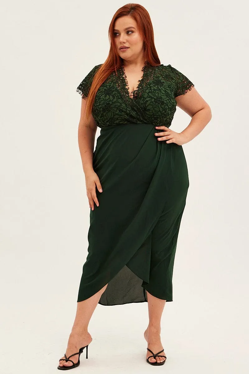 Green Midi Dress Short Sleeve Lace Top Versatile-Style
