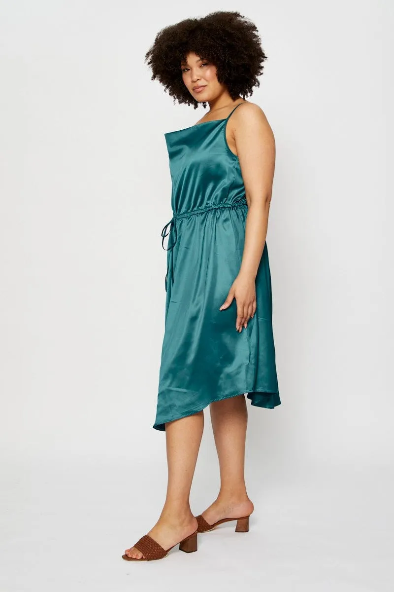 Deep Hue Blue Midi Satin Dress Cowl Neck Sleeveless