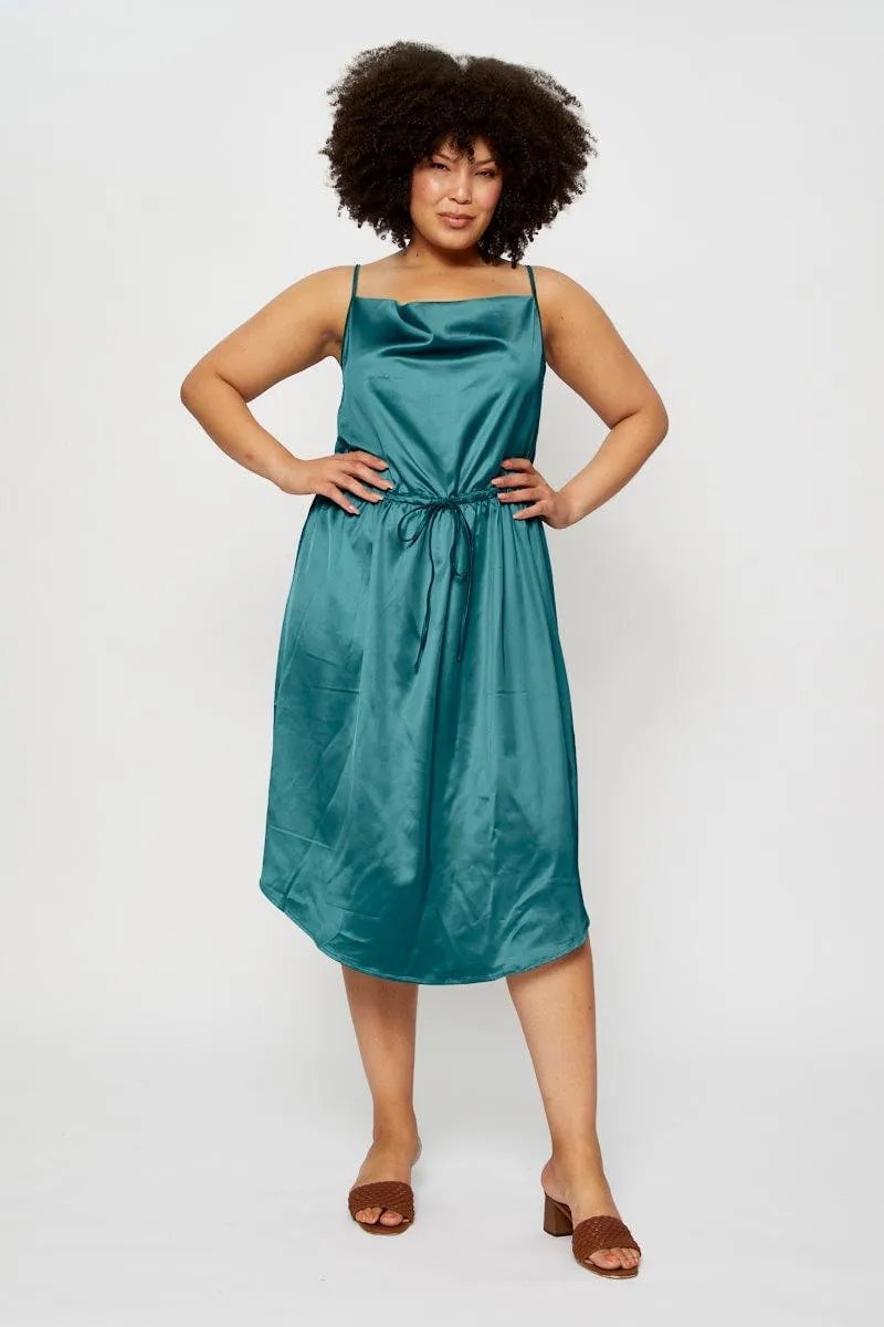 Blue Midi Satin Dress Cowl Neck Sleeveless Smooth Mood