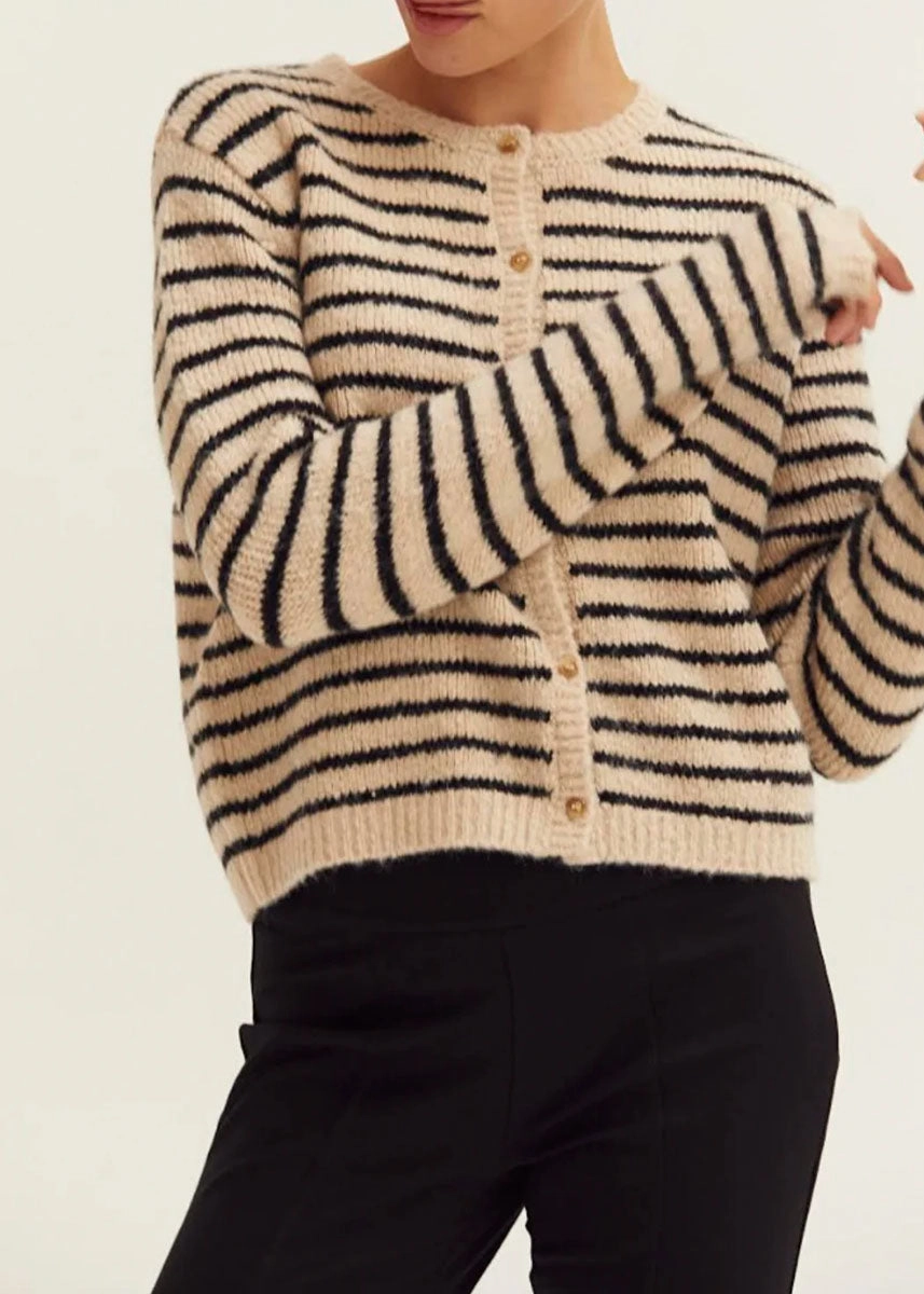 Riley Button-Down Cardigan - Oatmeal & Black Thermal Locking Yarn