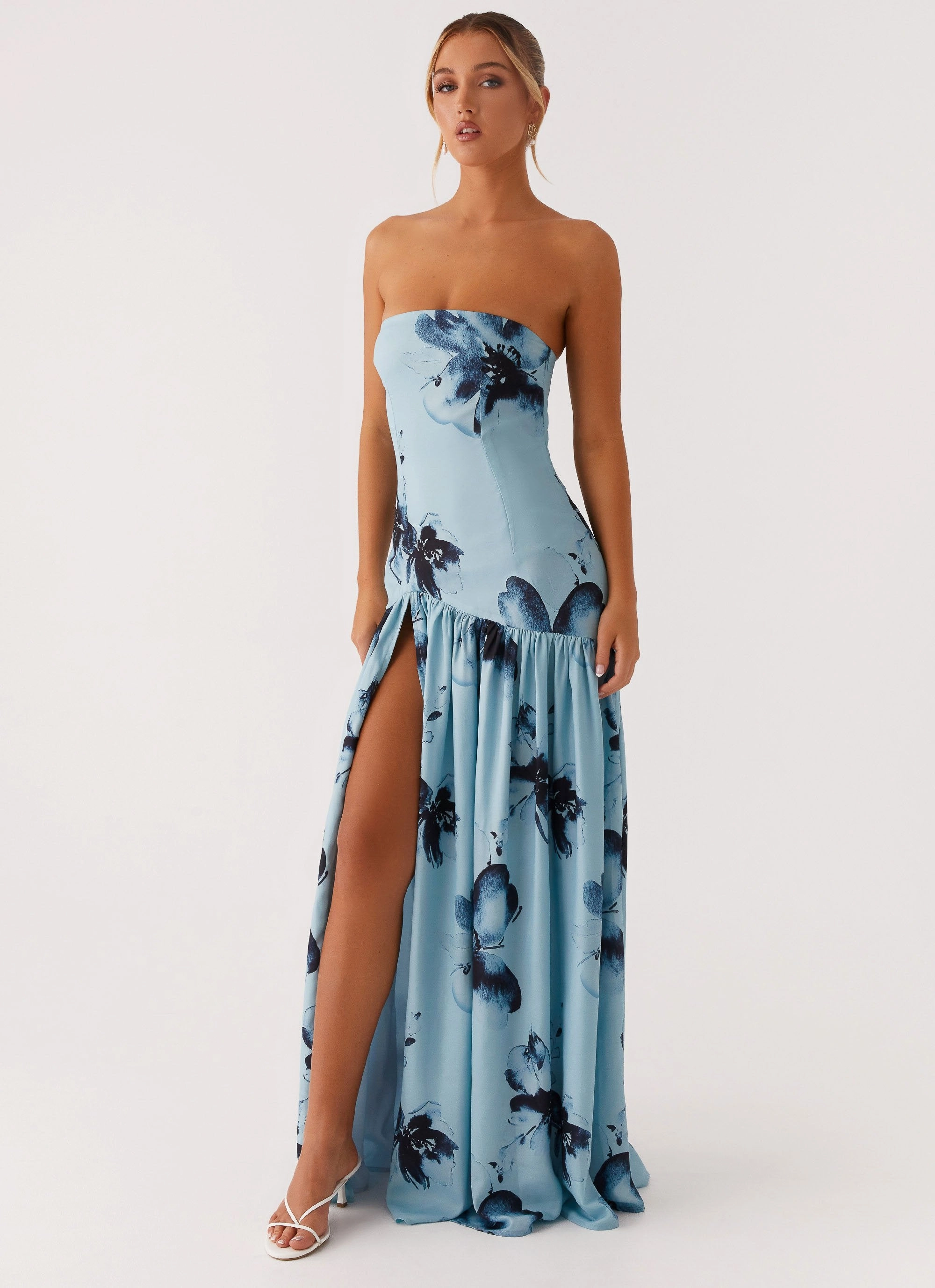 Modest Light Off-Shoulder Eden Strapless Maxi Dress - Blue Black Floral