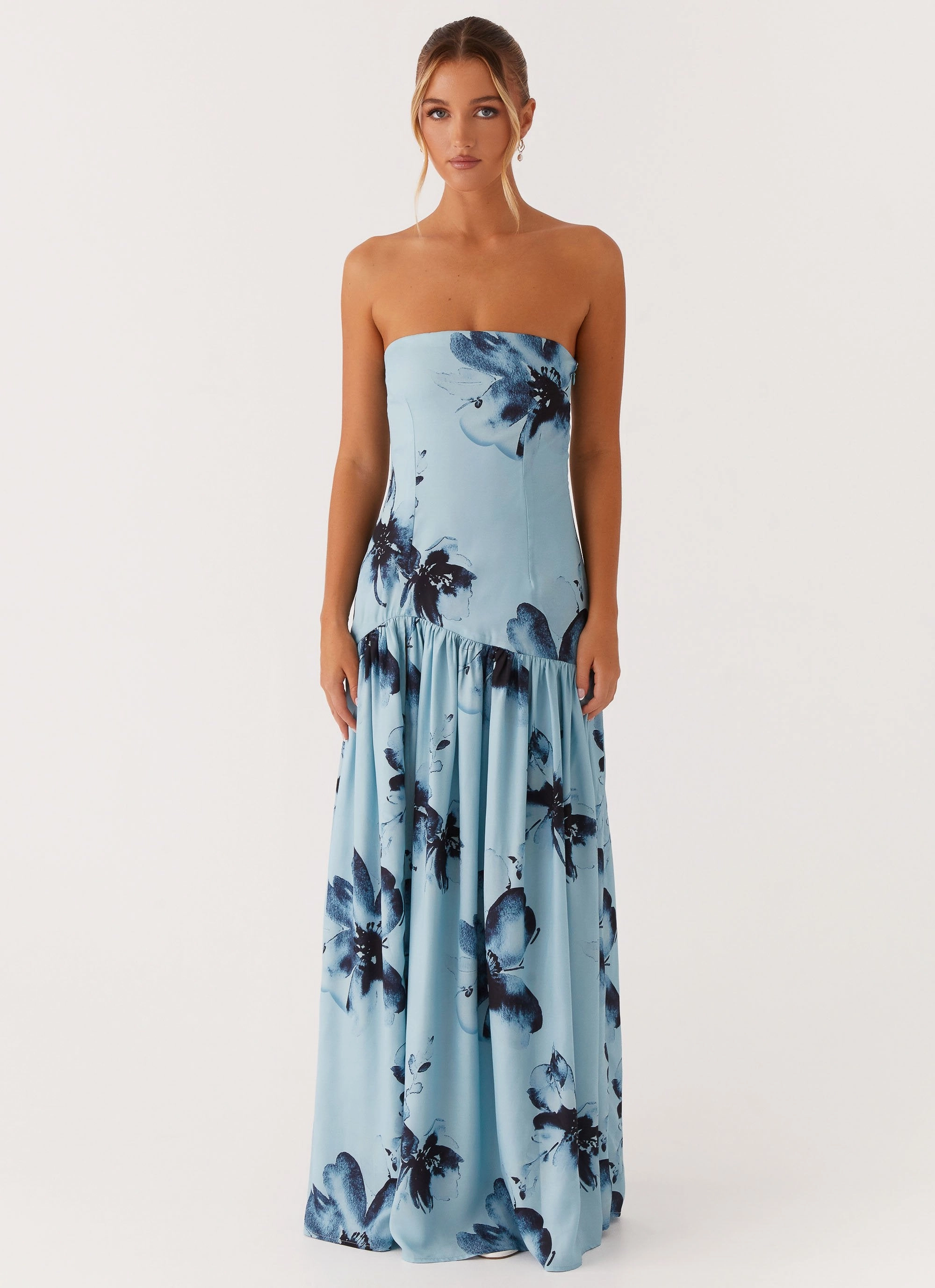 Eden Strapless Maxi Dress - Blue Black Floral Cozy Base Understated Charm