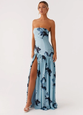 Modest Light Off-Shoulder Eden Strapless Maxi Dress - Blue Black Floral