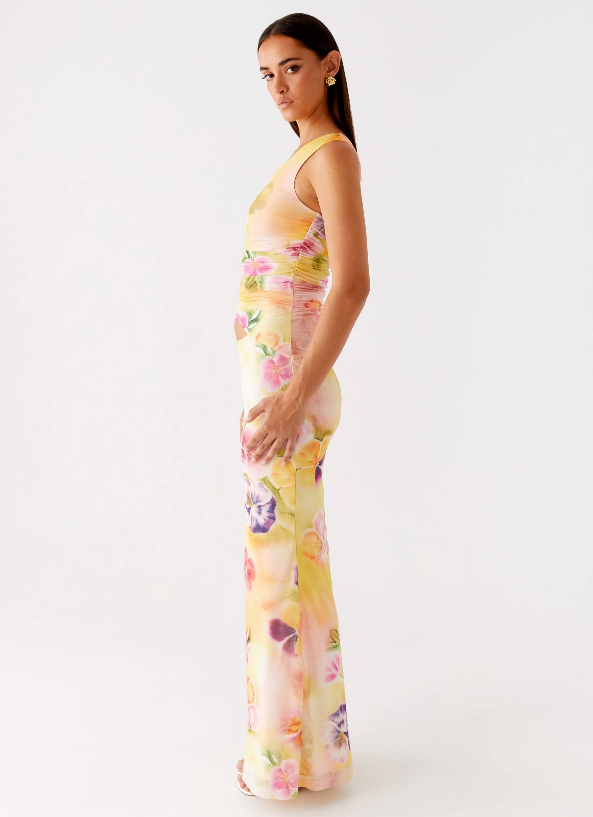 Seranella One Shoulder Maxi Dress - Sunburst Floral Chill Base Curve-Enhancing