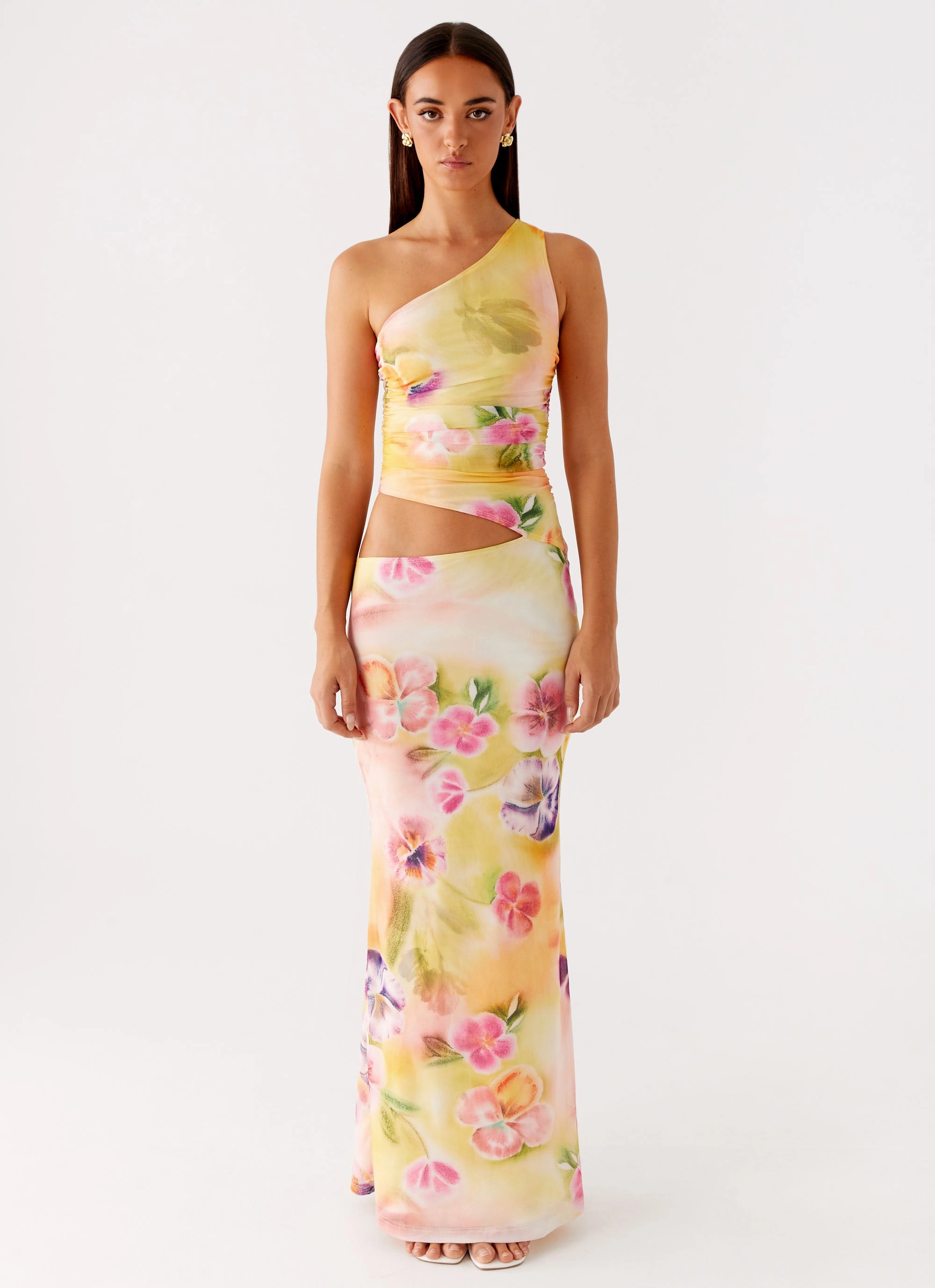 Sleek Cut Vibrant Waist Fit Seranella One Shoulder Maxi Dress - Sunburst Floral