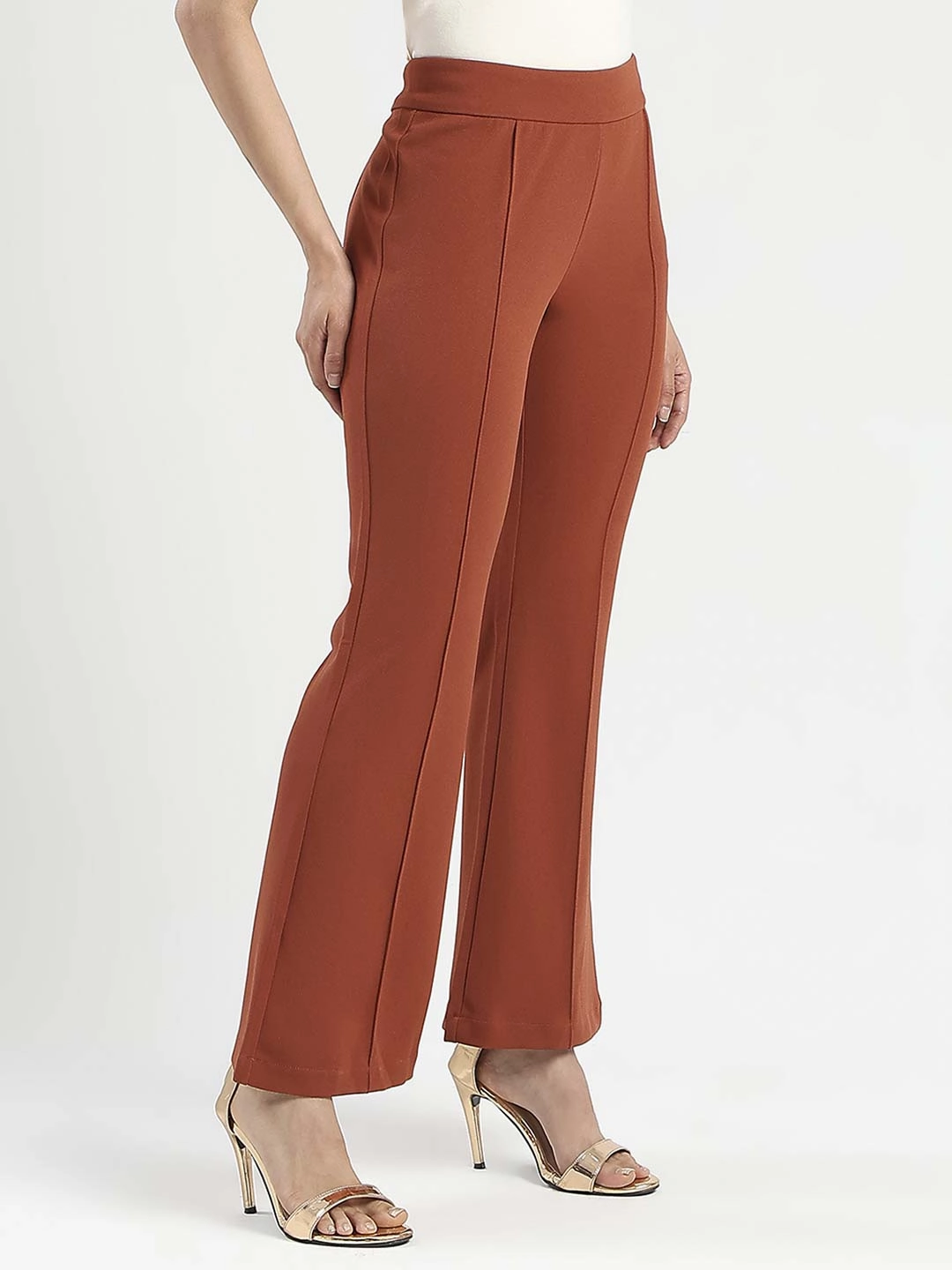 Neutral Style Wide-leg cut Madame Front Seam Detail Rust Red Wide Leg Trousers