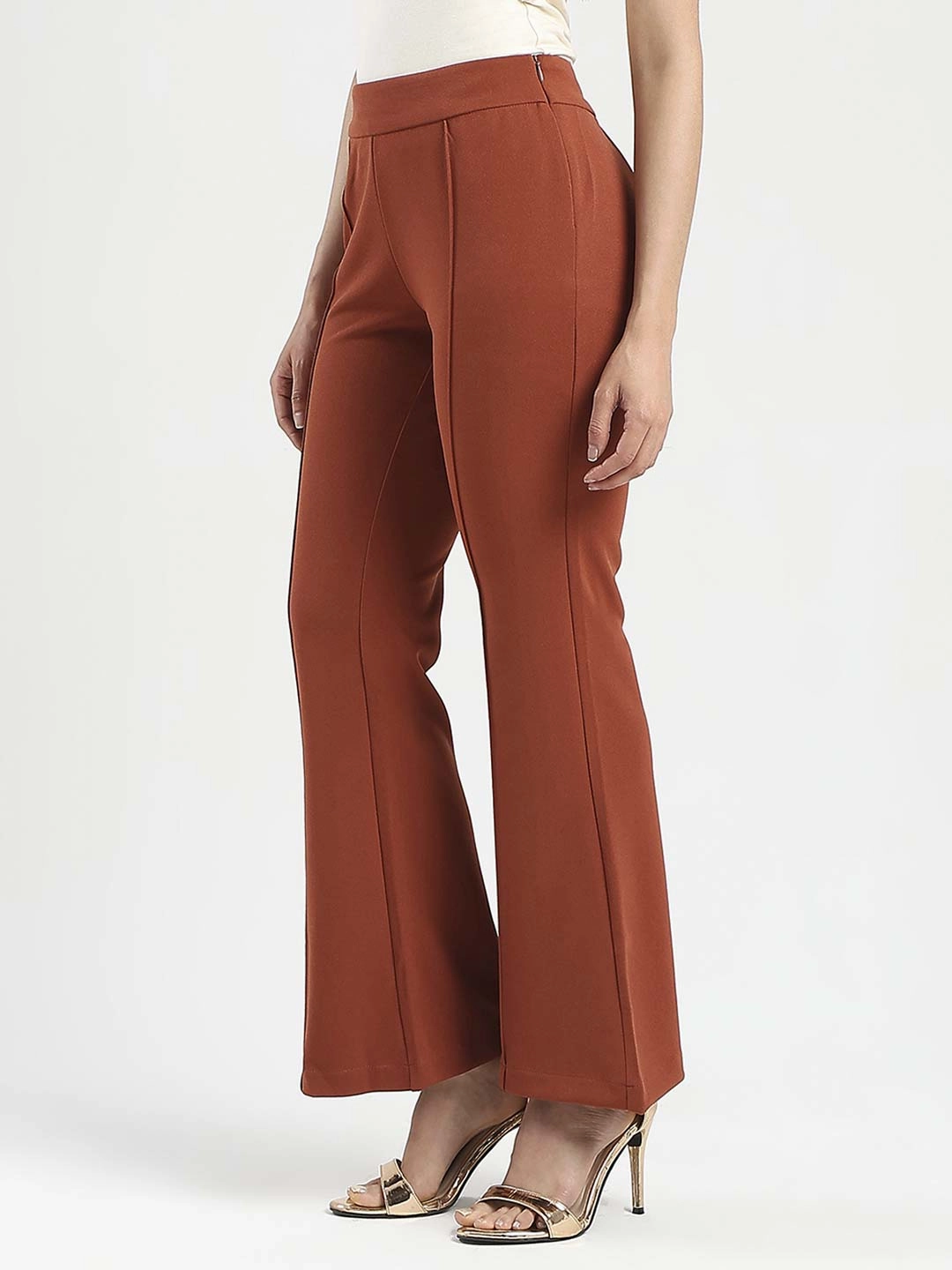 Slim Stretch Fit Madame Front Seam Detail Rust Red Wide Leg Trousers