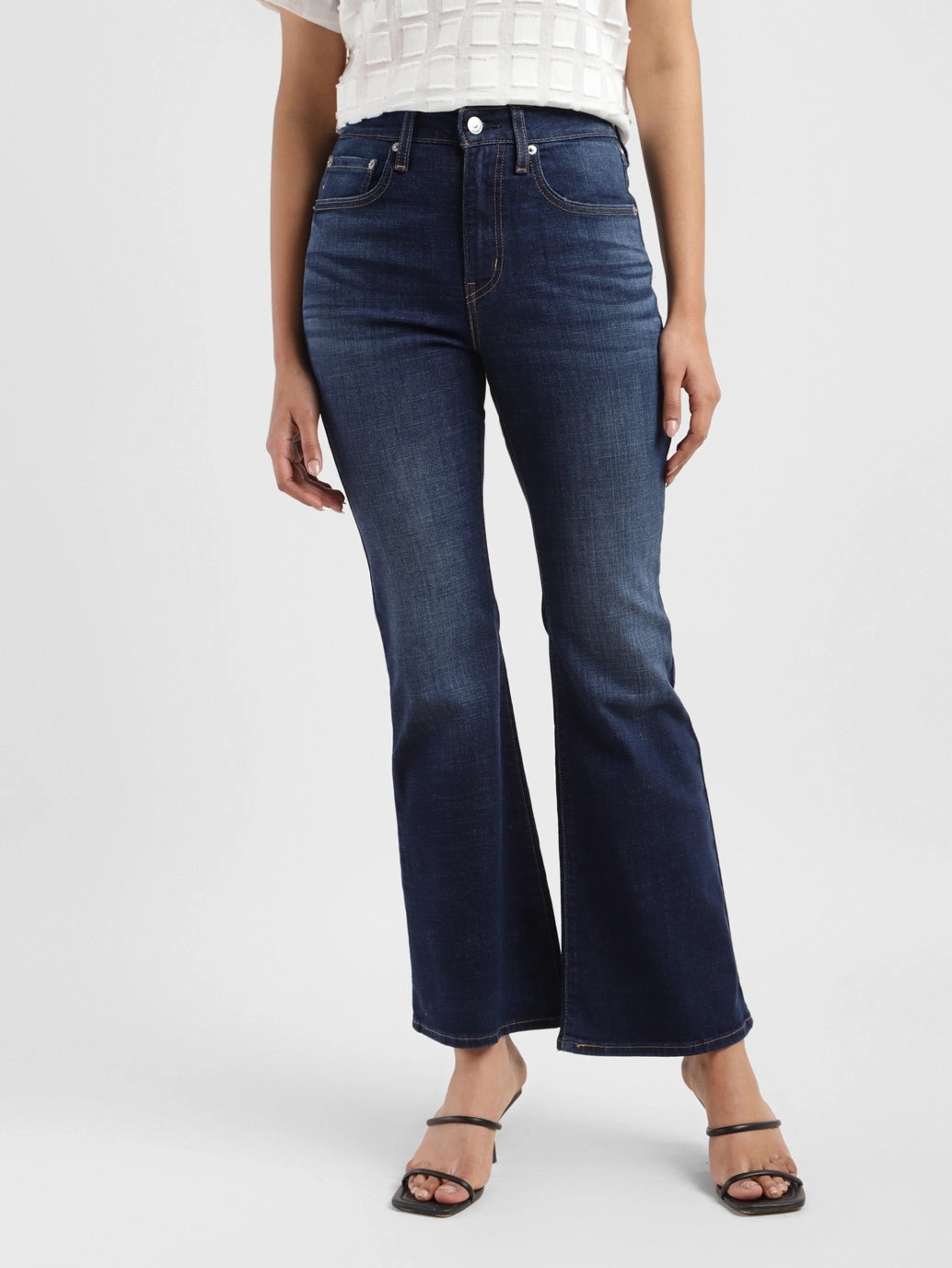 Women's 726 Blue Flared Fit Mid Rise Jeans Multi Purpose Pockets Fitted Design