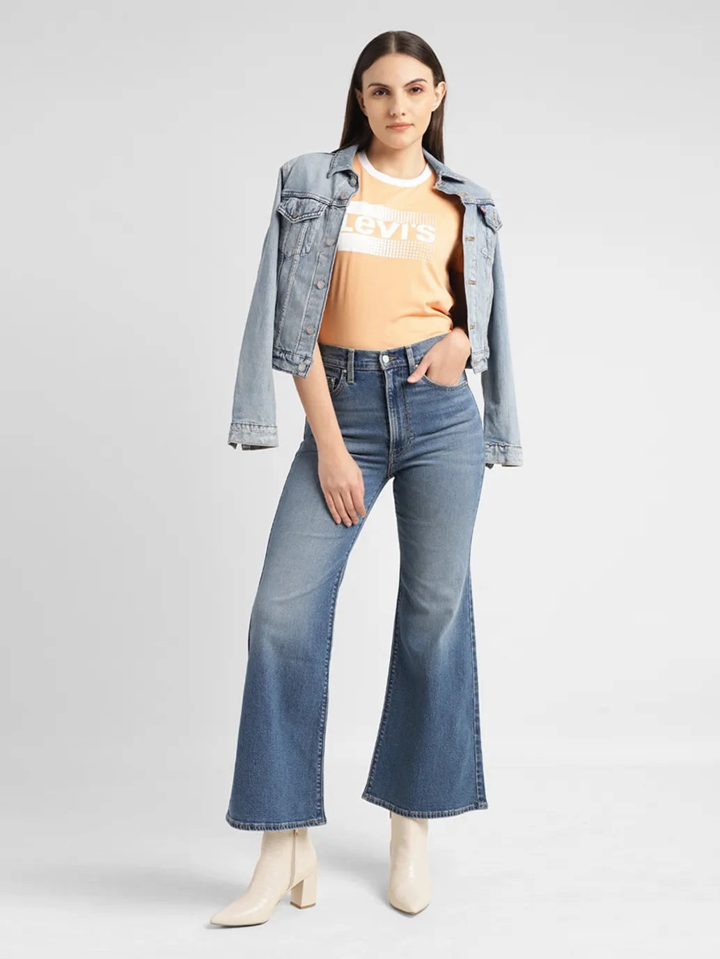 Creative Look Work Ready Lightweight Fast Match Women's Blue Ribcage Bell Bottom Wide Leg Fit High Rise Jeans