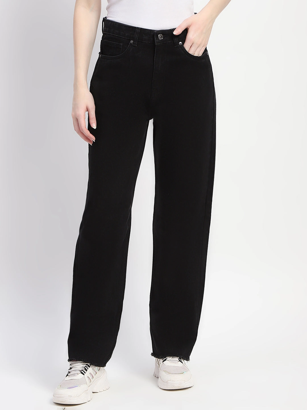 Tailored Fit Madame Straight Fit Frayed Hem Solid Black Denim