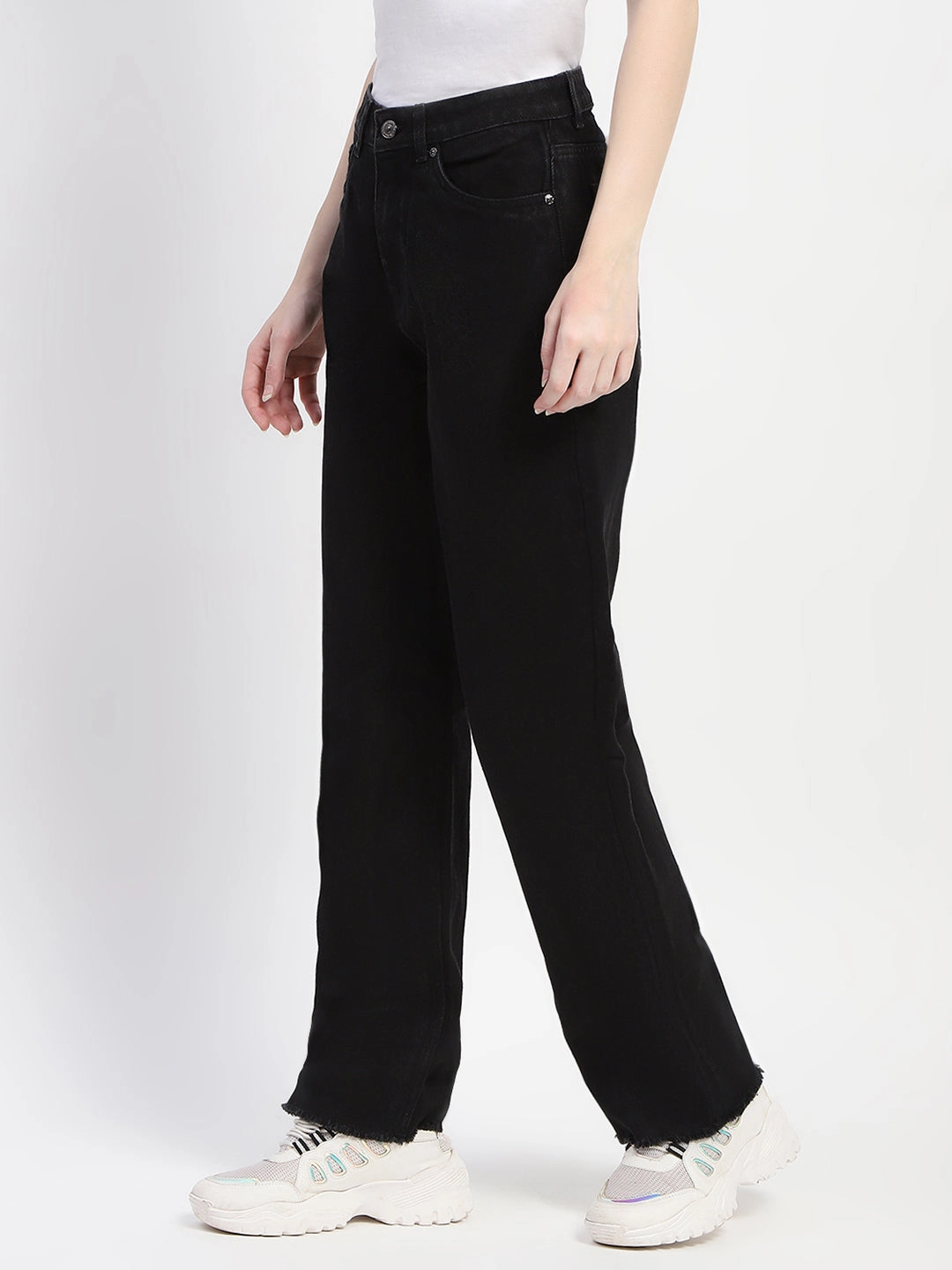 Beach Day Holiday Vibes Madame Straight Fit Frayed Hem Solid Black Denim
