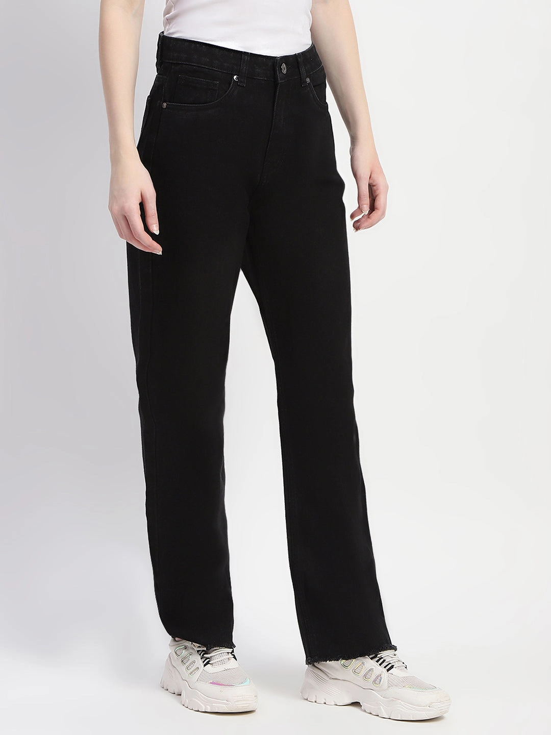 Perfect for All Essential Layer Madame Straight Fit Frayed Hem Solid Black Denim