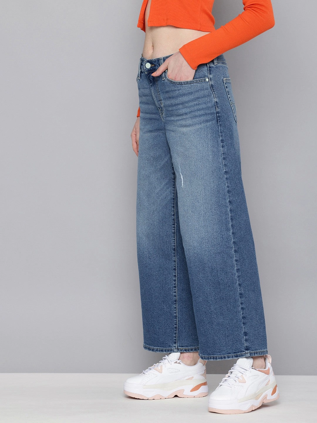 Sandblasted Details Women's 94 Blue Baggy Wide Leg Fit Mid Rise Jeans