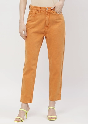 Madame Solid Orange Mom Fit Jeans All-day Comfort