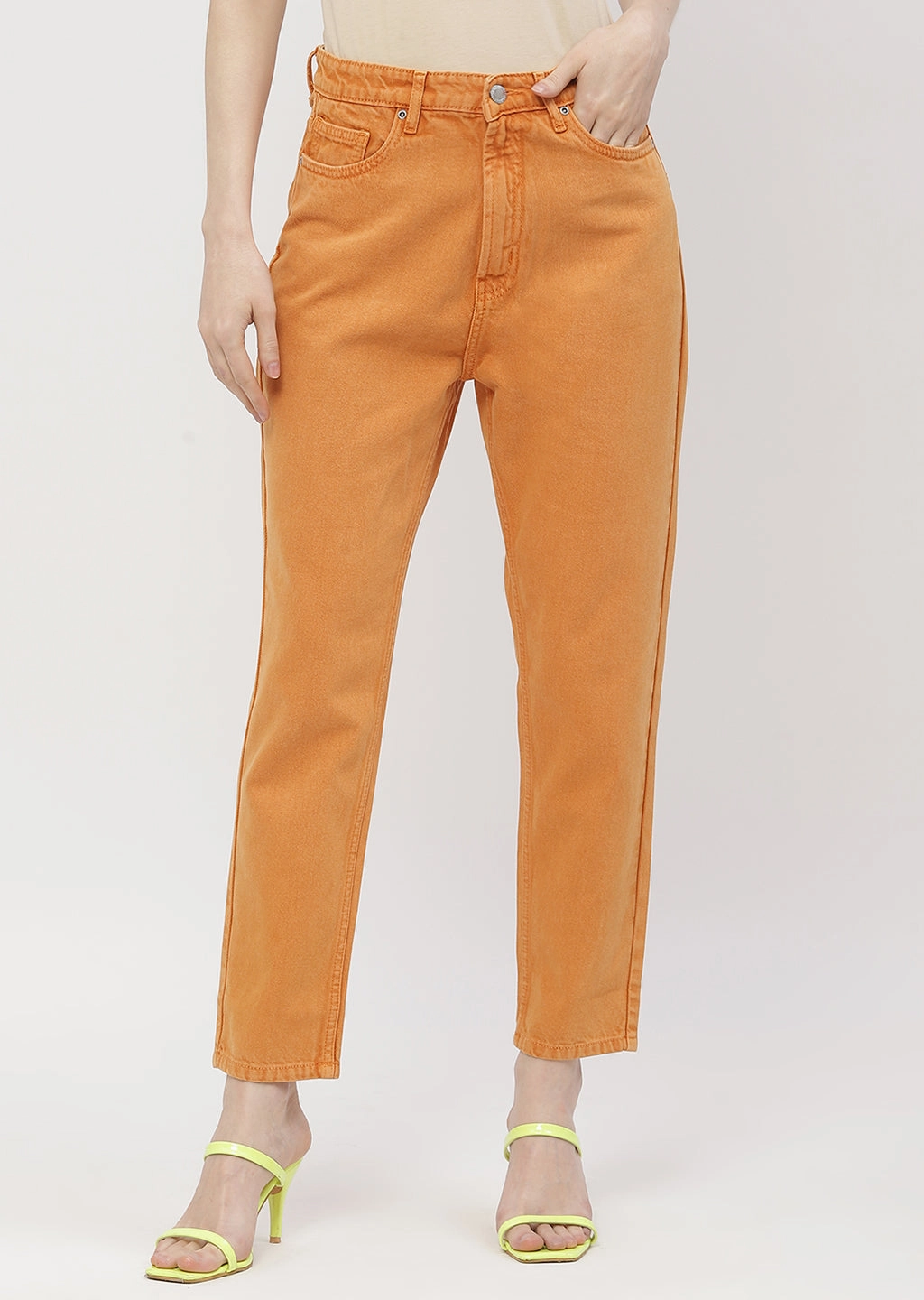 Madame Solid Orange Mom Fit Jeans All-day Comfort